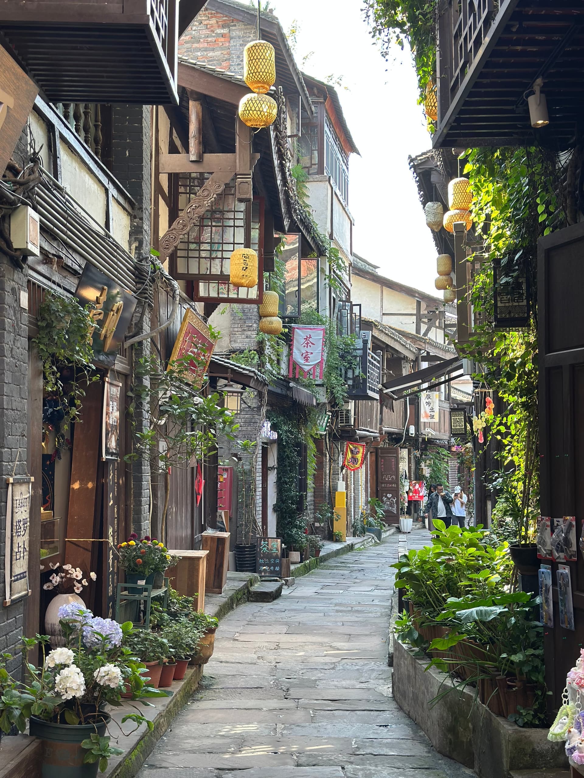 Ruelle en escaliers avec terrasses de restaurants, plantes et lanternes suspendues dans un quartier de Chongqing