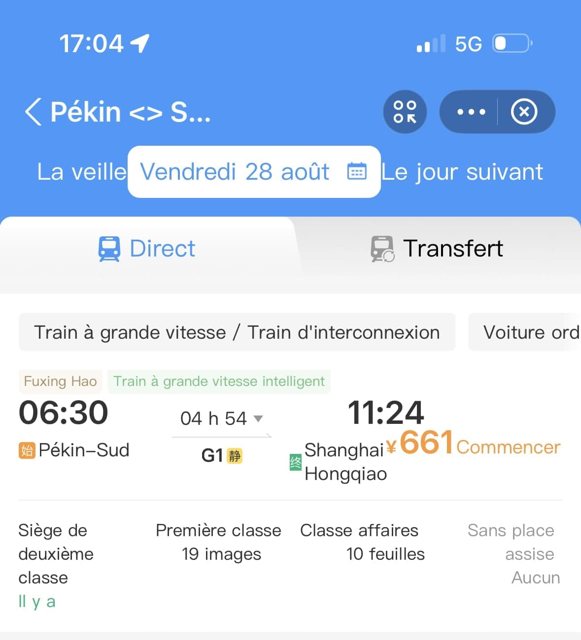 Résultats du 12306 : train G1 au départ de Pékin-Sud à 6 h 30, arrivée Shanghai Hongqiao à 11 h 24, 4 h 54 de trajet, 661 yuans