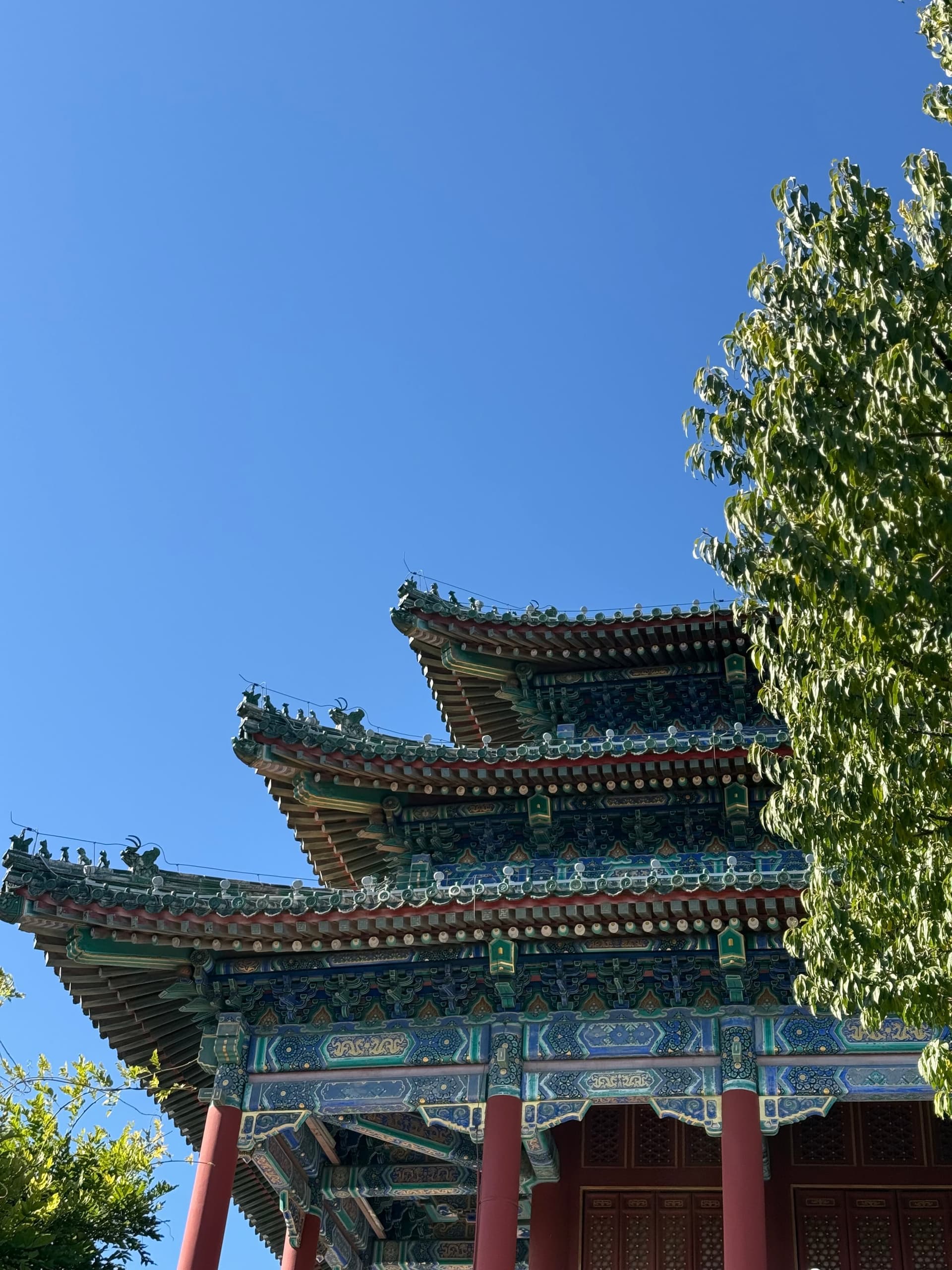 Vue panoramique depuis la colline Jingshan sur la Cité interdite de Pékin, enfilade des palais aux toits dorés, ville en arrière-plan