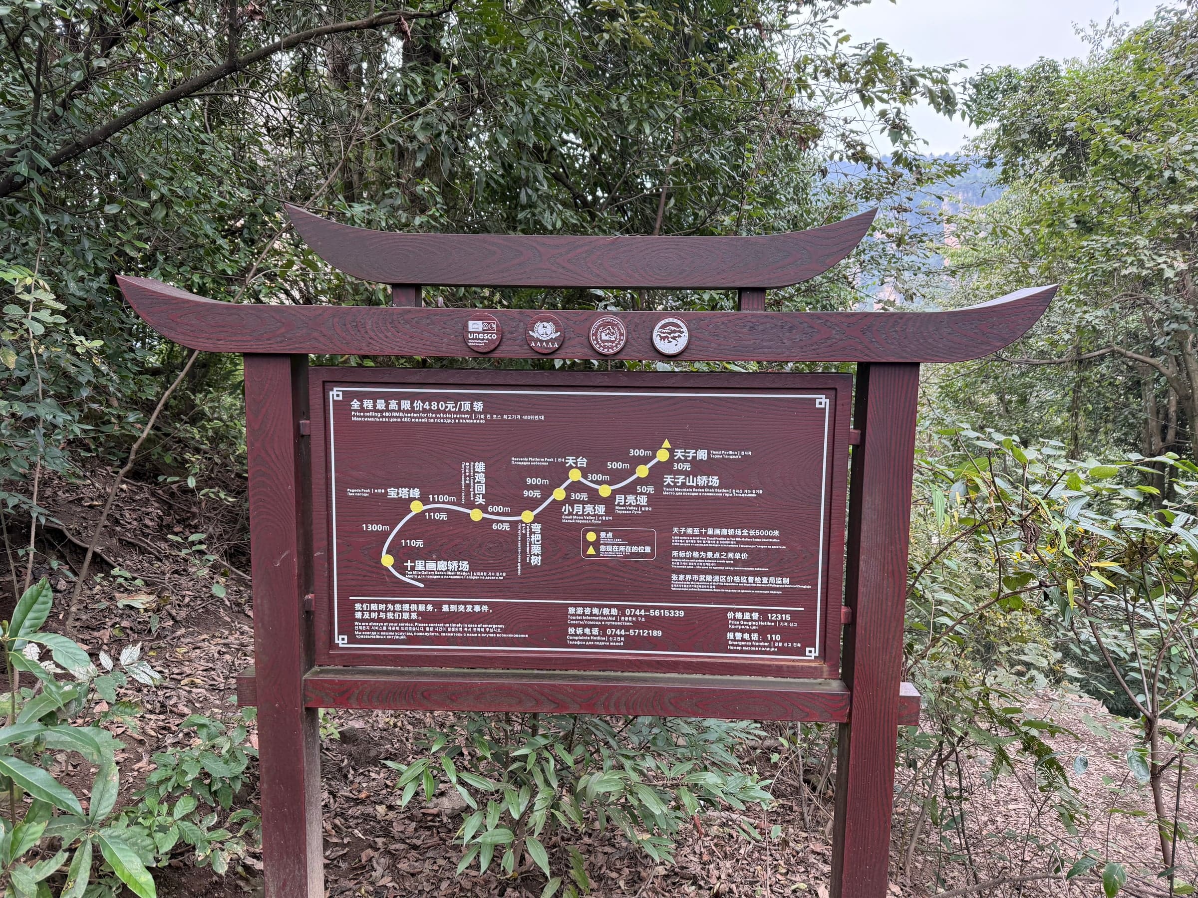 Panneau d'information du parc de Wulingyuan sur pied métallique au bord d'un sentier, plan des zones et des lignes de navettes sous un auvent de bois