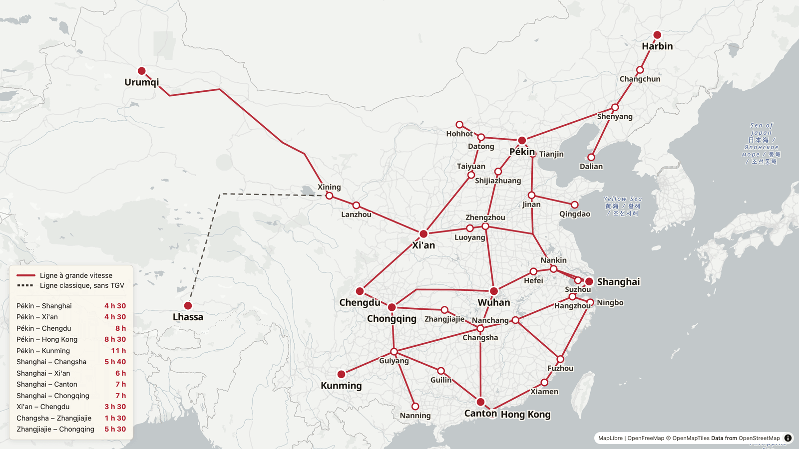 Carte du réseau ferroviaire chinois : les lignes à grande vitesse en rouge relient Pékin, Shanghai, Xi'an, Chengdu, Canton, Kunming et Harbin, tandis que Lhassa n'est atteinte que par une ligne classique en pointillés depuis Xining via Golmud.