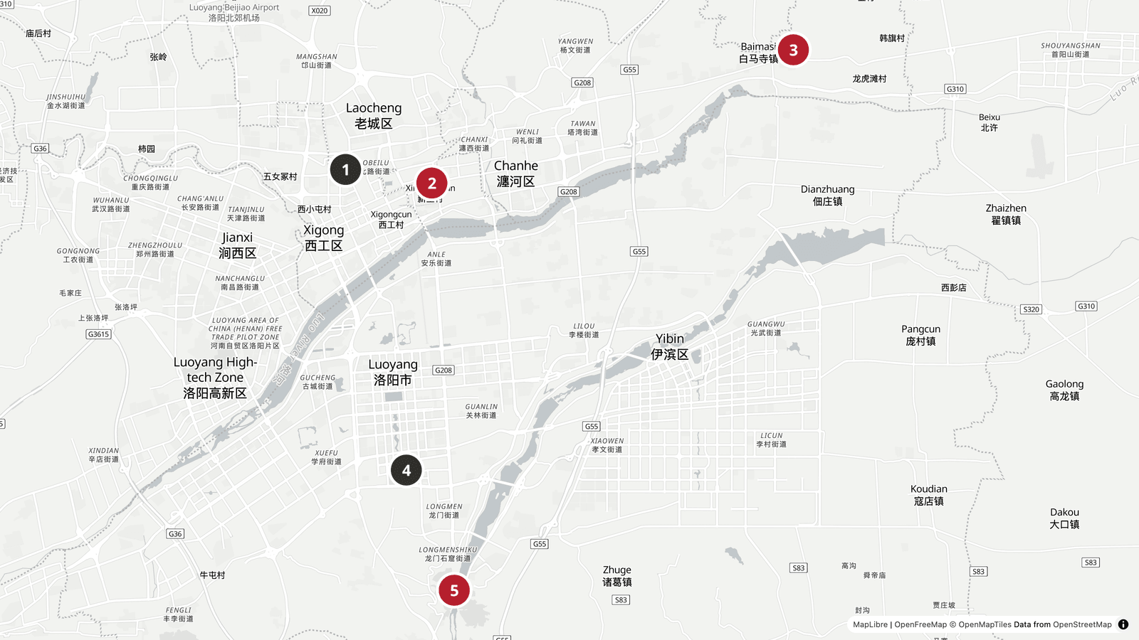 Carte de Luoyang : la gare de Luoyang et le centre ancien au nord-ouest, le temple du Cheval blanc au nord-est, et au sud la gare de Luoyang-Longmen suivie des grottes de Longmen