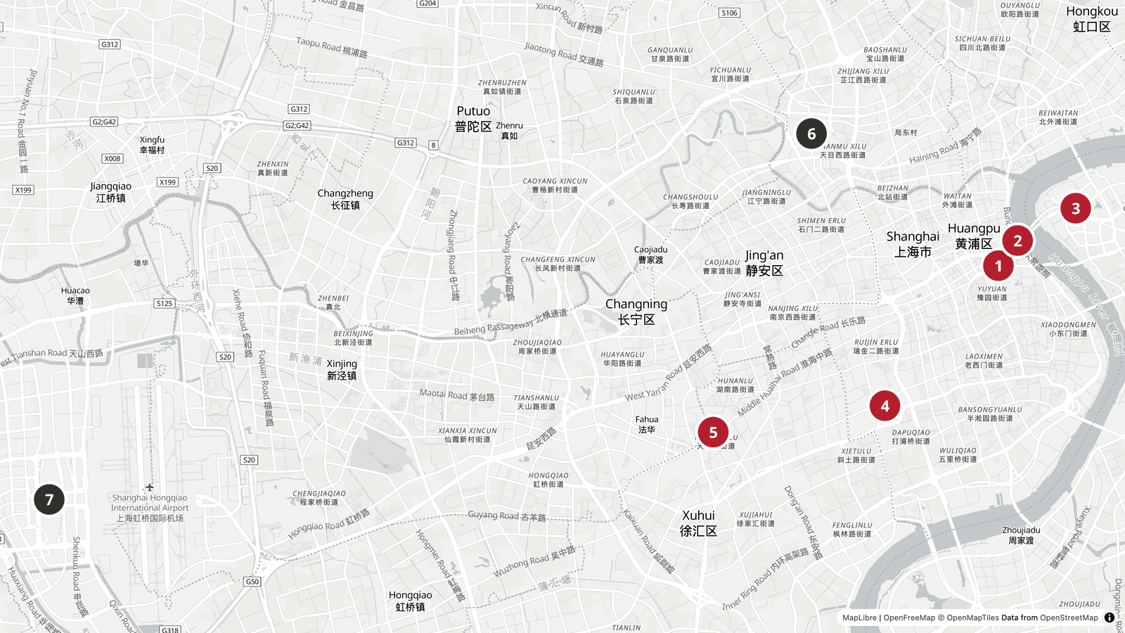 Carte de l'itinéraire de quatre jours à Shanghai : le jardin Yu et le Bund, Lujiazui sur l'autre rive, Tianzifang et la Wukang Mansion dans l'ancienne concession, la gare de Shanghai au nord et celle de Hongqiao loin à l'ouest, près de l'aéroport