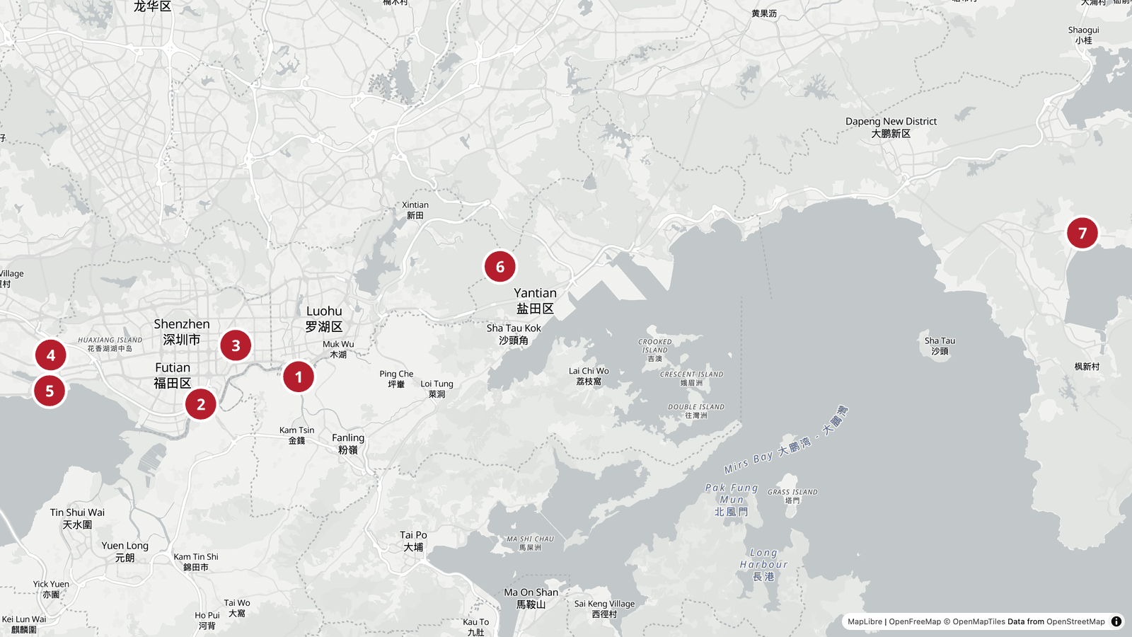 Carte de Shenzhen : les postes-frontières de Luohu et Futian au sud, Huaqiangbei au centre, Nanshan et la baie à l'ouest, le mont Wutong à l'est et la presqu'île de Dapeng à l'extrémité orientale