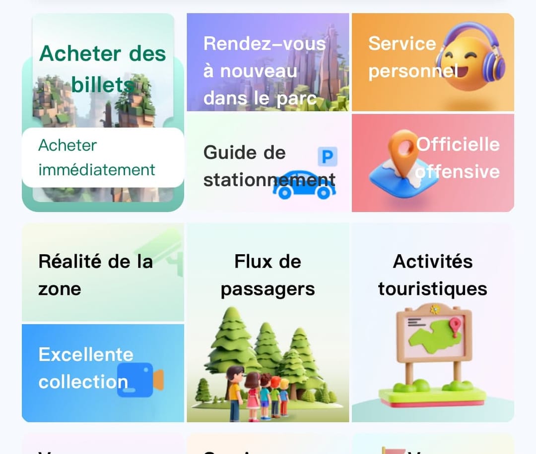Grille de services du mini-programme de Suoxiyu traduite automatiquement en français : achat de billets, guide de stationnement, service personnel, réalité de la zone, flux de passagers et activités touristiques