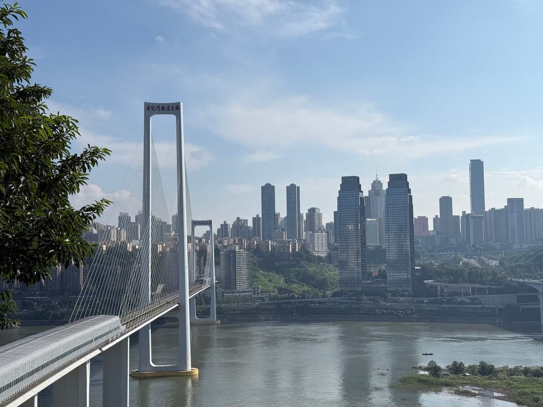 Pont à haubans franchissant le Yangtsé à Chongqing, pylône blanc en forme de portique au premier plan, tablier routier descendant vers la rive, et skyline de tours en arrière-plan sous un ciel clair